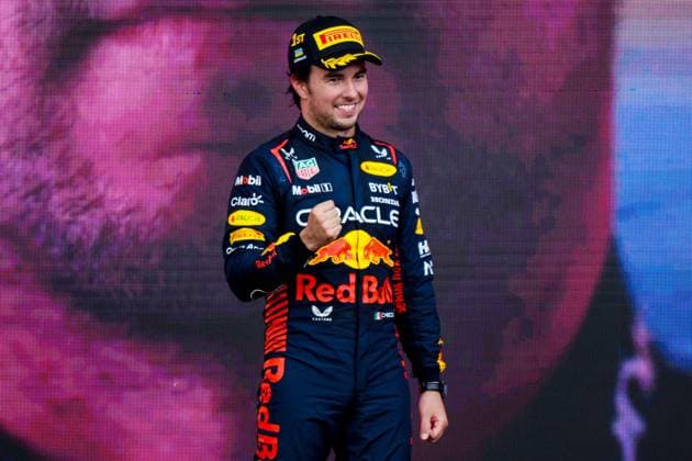 Azerbaijan Motor Formula 1 Grand Prix 8422596 30.04.2023 Red Bull s Sergio Perez celebrates on the podium after winning the final race of the Azerbaijan Grand Prix, the fourth round of the Formula One World Championship, WM, Weltmeisterschaft in Baku, Azerbaijan. Murad Orujov Sputnik Baku Azerbaijan  Copyright: xMuradxOrujovx