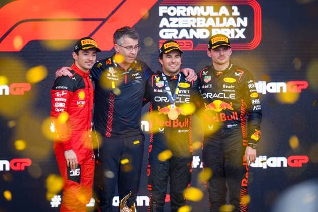 Azerbaijan Motor Formula 1 Grand Prix 8422601 30.04.2023 Red Bull s Sergio Perez, second right, celebrates on the podium after winning the race along with second placed Red Bull s Max Verstappen, right, and third placed Ferrari s Charles Leclerc, left, during the awarding ceremony of of the Azerbaijan Grand Prix, the fourth round of the Formula One World Championship, WM, Weltmeisterschaft in Baku, Azerbaijan. Murad Orujov Sputnik Baku Azerbaijan Copyright: xMuradxOrujovx