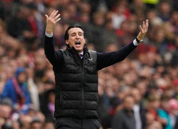 Manchester, England, 30th April 2023. Unai Emery manager of Aston Villa on the touchline during the Premier League match at Old Trafford, Manchester. Picture credit should read: Andrew Yates Sportimage EDITORIAL USE ONLY. No use with unauthorised audio, video, data, fixture lists, club league logos or live services. Online in-match use limited to 120 images, no video emulation. No use in betting, games or single club league player publications. SPI-2403-0051