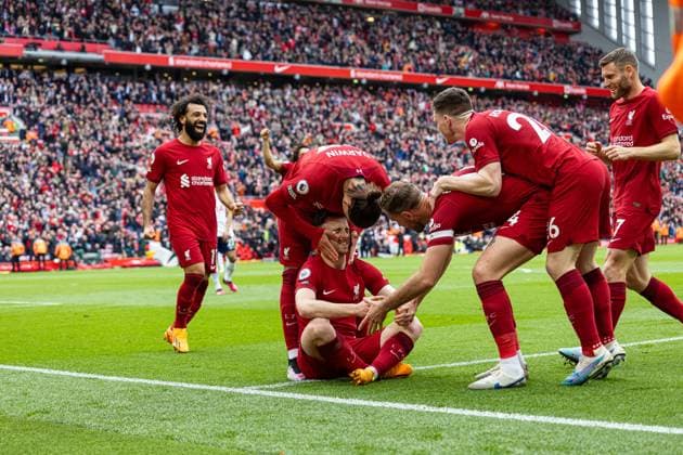 Football - FA Premier League - Liverpool FC v Tottenham Hotspur FC LIVERPOOL, ENGLAND - Sunday, April 30, 2023: Liverpool s Diogo Jota celebrates after scoring the fourth goal during the FA Premier League match between Liverpool FC and Tottenham Hotspur FC at Anfield. LIVERPOOL Anfield MERSEYSIDE ENGLAND  Copyright: xDavidxRawcliffex P2023-04-30-Liverpool_Tottenham-89