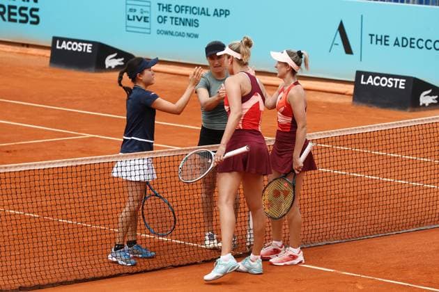 (L-R) Makoto Ninomiya (JPN), Monica Niculescu (ROU), Elise Mertens (BEL), Storm Hunter (AUS), APRIL 30, 2023 - Tennis : Ninomiya and Niculescu pair shake hands Storm Hunter and Elise Mertens pair after doubles round of 16 match on the WTA, Tennis Damen 1000 tournaments Mutua Madrid Open tennis tournament at the Caja Magica in Madrid, Spain. Noxthirdxpartyxsales  (217252465)