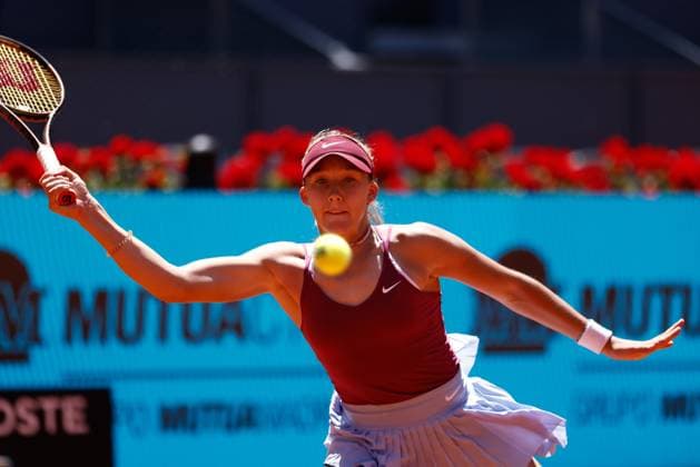 May 1, 2023, MADRID, MADRID, SPAIN: Mirra Andreeva of Russia in action against Aryna Sabalenka of Belarus during the Mutua Madrid Open 2023 celebrated at Caja Magica on May 01, 2023 in Madrid, Spain. MADRID SPAIN - ZUMAa181 20230501_zaa_a181_074 Copyright: xOscarxJ.xBarrosox