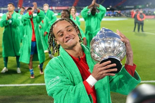 Xavi Simons of PSV celebrating winning the TOTO KNVB Cup during the Dutch TOTO KNVB Cup final match between Ajax and PSV at Stadion Feijenoord on April 30, 2023 in Rotterdam, Netherlands. Noxthirdxpartyxsales,xHOLLANDxOUT  (217277285)