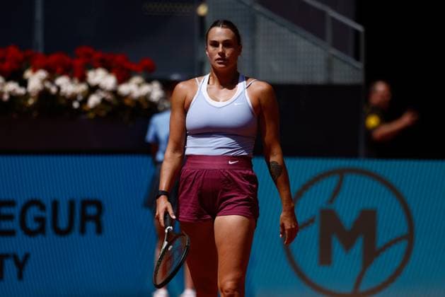 May 2, 2023, MADRID, MADRID, SPAIN: Aryna Sabalenka of Belarus in action against Mayar Sherif of Egypt during the Mutua Madrid Open 2023 celebrated at Caja Magica on May 02, 2023 in Madrid, Spain. MADRID SPAIN - ZUMAa181 20230502_zaa_a181_057 Copyright: xOscarxJ.xBarrosox