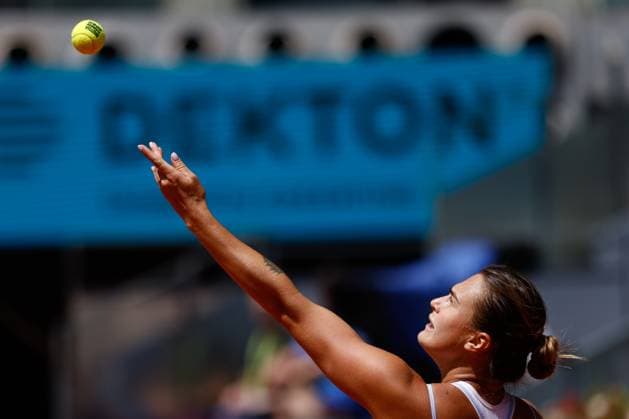 May 2, 2023, MADRID, MADRID, SPAIN: Aryna Sabalenka of Belarus in action against Mayar Sherif of Egypt during the Mutua Madrid Open 2023 celebrated at Caja Magica on May 02, 2023 in Madrid, Spain. MADRID SPAIN - ZUMAa181 20230502_zaa_a181_076 Copyright: xOscarxJ.xBarrosox