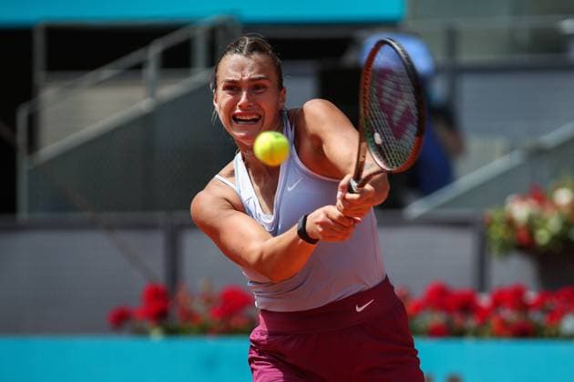 May 2, 2023, MADRID, MADRID, SPAIN: Aryna Sabalenka of Belarus in action against Mayar Sherif of Egypt during the Mutua Madrid Open 2023 celebrated at Caja Magica on May 02, 2023 in Madrid, Spain. MADRID SPAIN - ZUMAa181 20230502_zaa_a181_161 Copyright: xIrinaxR.xHipolitox