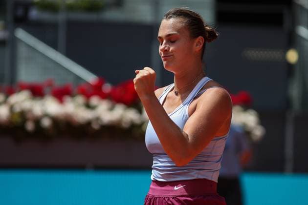 May 2, 2023, MADRID, MADRID, SPAIN: Aryna Sabalenka of Belarus celebrates after winning against Mayar Sherif of Egypt during the Mutua Madrid Open 2023 celebrated at Caja Magica on May 02, 2023 in Madrid, Spain. MADRID SPAIN - ZUMAa181 20230502_zaa_a181_165 Copyright: xIrinaxR.xHipolitox