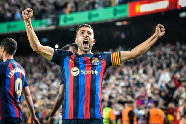Jordi Alba FC Barcelona celebrates his goal during a La Liga Santander match between FC Barcelona Femeni and CA Osasuna at Spotify Camp Nou, in Barcelona, Spain on May 2, 2023 Photo Felipe Mondino Copyright: x@FELIPExMONDINOx