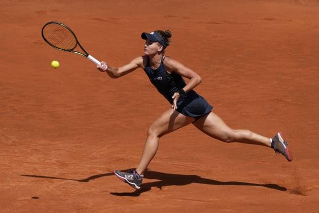 Veronika Kudermetova of Russia returns a shot to Jessica Pegula of the U.S. during their quarter final match on day 8 of the Mutua Madrid Open at the Caja Magica stadium, in Madrid, Spain, on Wednesday, May 3, 2023.  PDH20230503002
