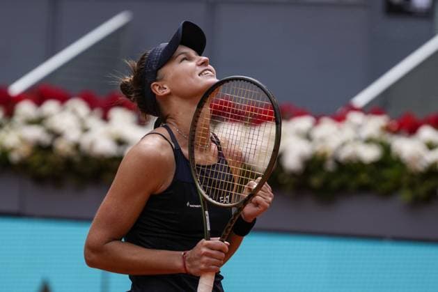 Veronika Kudermetova of Russia reacts after winning her quarter final match against Jessica Pegula of the U.S. on day 8 of the Mutua Madrid Open at the Caja Magica stadium, in Madrid, Spain, on Wednesday, May 3, 2023.  PDH20230503014 PaulxHanna