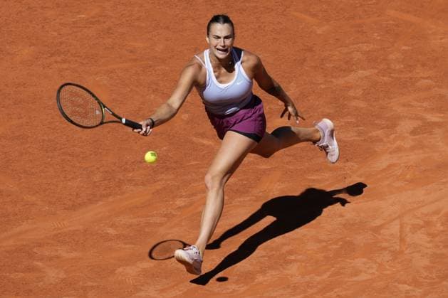Aryna Sabalenka of Belarus returns a shot to Maria Sakkari of Greece during their semi-final match of the Mutua Madrid Open at the Caja Magica stadium, in Madrid, Spain, on Thursday, May 4, 2023.  PDH20230504052 PaulxHanna