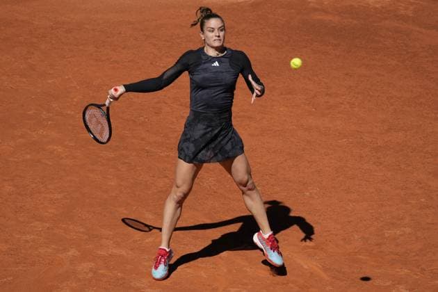 Maria Sakkari of Greece returns a shot to Aryna Sabalenka of Belarus during their semi-final match of the Mutua Madrid Open at the Caja Magica stadium, in Madrid, Spain, on Thursday, May 4, 2023.  PDH20230504053 PaulxHannaMUTUAxMADRIDxOPEN