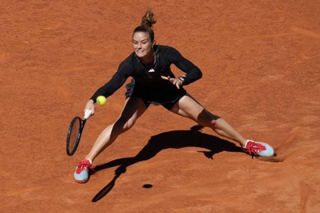 Maria Sakkari of Greece returns a shot to Aryna Sabalenka of Belarus during their semi-final match of the Mutua Madrid Open at the Caja Magica stadium, in Madrid, Spain, on Thursday, May 4, 2023.  PDH20230504055 PaulxHannaMUTUAxMADRIDxOPEN