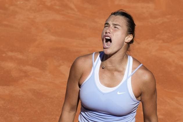 Sport Bilder des Tages Aryna Sabalenka of Belarus reacts after winning a point against Maria Sakkari of Greece during their semi-final match of the Mutua Madrid Open at the Caja Magica stadium, in Madrid, Spain, on Thursday, May 4, 2023.  PDH20230504072 PaulxHanna