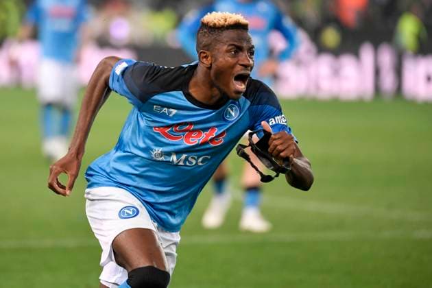 Victor Osimhen of SSC Napoli celebrates at the end of the Serie A football match between Udinese Calcio and SSC Napoli at Friuli stadium in Udine (Italy), May 4th, 2023. Napoli is Italian champion for the third time in its history. andreaxstaccioli