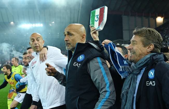 FOOTBALL SERIES A SEASON 2022 2023 33 Matchday Udinese Calcio SSC Napoli 04 05 2023 JOY, SSC Napoli celebrates the third championship in the clubs history coach Luciano Spalletti center with team manager Giuseppe Santoro re