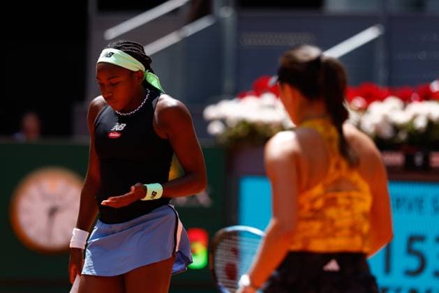 May 5, 2023, MADRID, MADRID, SPAIN: Coco Gauff of United States plays doubles with Jessica Pegula of United States against Marta Kostyuk of Ukraine and Elena-Gabriela Ruse of Romania during the Mutua Madrid Open 2023 celebrated at Caja Magica on May 05, 2023 in Madrid, Spain. MADRID SPAIN - ZUMAa181 20230505_zaa_a181_009 Copyright: xOscarxJ.xBarrosox