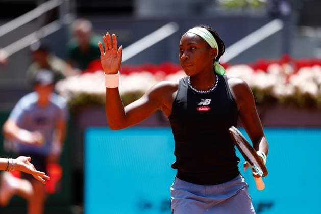 May 5, 2023, MADRID, MADRID, SPAIN: Coco Gauff of United States plays doubles with Jessica Pegula of United States against Marta Kostyuk of Ukraine and Elena-Gabriela Ruse of Romania during the Mutua Madrid Open 2023 celebrated at Caja Magica on May 05, 2023 in Madrid, Spain. MADRID SPAIN - ZUMAa181 20230505_zaa_a181_028 Copyright: xOscarxJ.xBarrosox
