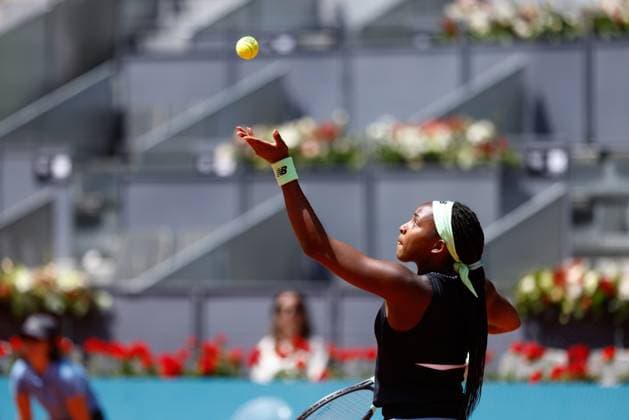 May 5, 2023, MADRID, MADRID, SPAIN: Coco Gauff of United States plays doubles with Jessica Pegula of United States against Marta Kostyuk of Ukraine and Elena-Gabriela Ruse of Romania during the Mutua Madrid Open 2023 celebrated at Caja Magica on May 05, 2023 in Madrid, Spain. MADRID SPAIN - ZUMAa181 20230505_zaa_a181_031 Copyright: xOscarxJ.xBarrosox