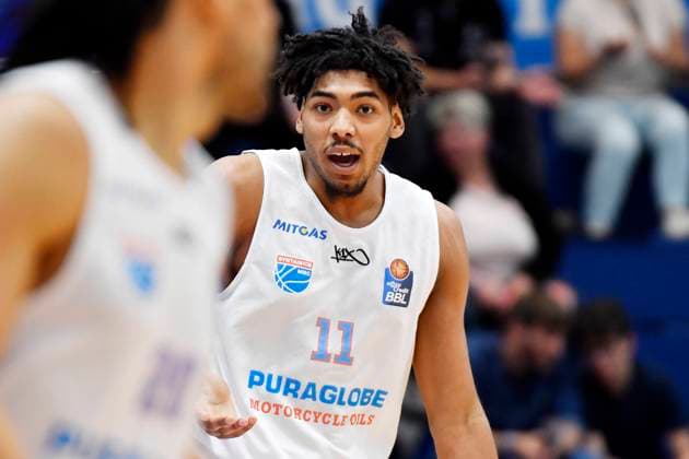 Basketball, 1 Bundesliga BBL, season 2022 2023, 33 matchday, SYNTAINICS MBC Mitteldeutscher Basketball Club Weissenfels vs EWE Baskets Oldenburg 05 05 2023 74 102 36 59 Kostja Mushidi Guard MBC Weissenfels, back number 11 gestures during the game Weißenfels vs Oldenburg 05 05 2023 Weißenfels Sachsen Anhalt Germany Stadthalle Weißenfels