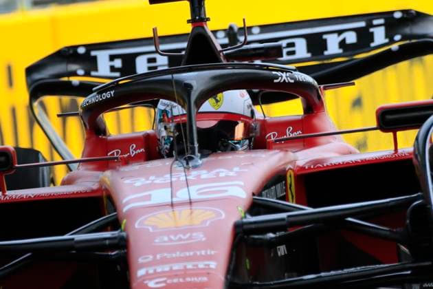MIAMI GARDENS, FL - MAY 05: Scuderia Ferrari Racing driver Charles Leclerc 16 enters turn 16 during practice for the Formula 1 Crypto.com Miami Grand Prix on May 5, 2023 at Miami International Autodrome in Miami gardens, FL. (Photo by Jeff Robinson Icon Sportswire) AUTO: MAY 05 F1 Crypto.com Miami Grand Prix EDITORIAL USE ONLY Icon23050516801