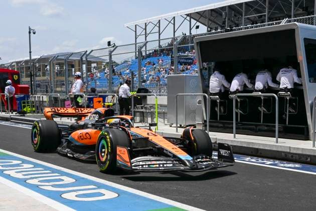5th May 2023: Miami International Autodrome, Miami Gardens, Florida, USA: Formula 1 Crypto.com Miami Grand Prix 2023: Free Practice Day: Lando Norris driving the number 4 McLaren down pit row during a practice session.  ActionPlus12505310 DouglasxMurray
