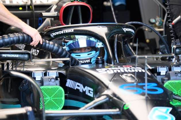 5th May 2023: Miami International Autodrome, Miami Gardens, Florida, USA: Formula 1 Crypto.com Miami Grand Prix 2023: Free Practice Day: George Russell driving the number 63 Mercedes-AMG PETRONAS car sits his car in the garage during a practice session.  ActionPlus12505332 DouglasxMurray