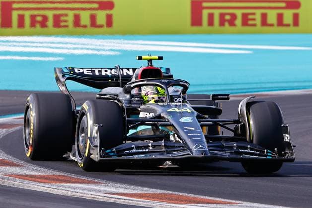 MIAMI GARDENS, FL - MAY 05: Lewis Hamilton 44 of Team Great Britain and Mercedes , during practice for the F1 Crypto.com Miami Grand Prix on May 5, 2023 at Miami International Autodrome in Miami Gardens, Florida. (Photo by Rich Graessle Icon Sportswire) AUTO: MAY 05 F1 Crypto.com Miami Grand Prix EDITORIAL USE ONLY Icon23050514518