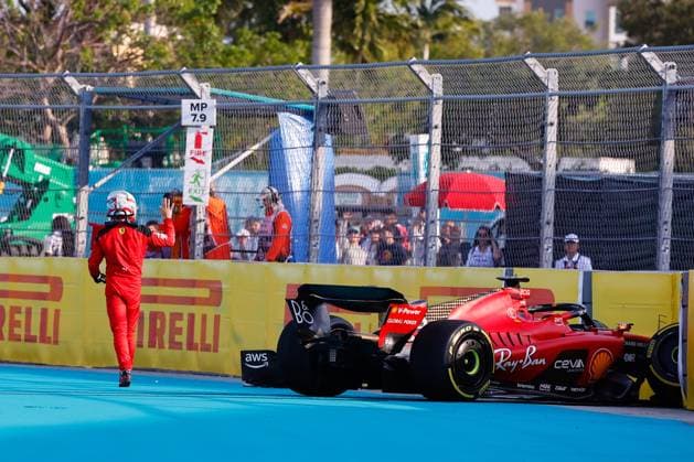 MIAMI GARDENS, FL - MAY 05: Charles Leclerc 16 of Team Monaco and Scuderia Ferrari waves to the crowd after hitting the barrier during practice for the F1 Crypto.com Miami Grand Prix on May 5, 2023 at Miami International Autodrome in Miami Gardens, Florida. (Photo by Rich Graessle Icon Sportswire) AUTO: MAY 05 F1 Crypto.com Miami Grand Prix EDITORIAL USE ONLY Icon23050514529