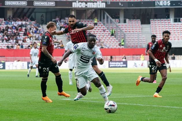 Jeremy Doku (Stade Rennais) - GaÃ«tan Laborde (OGC Nice) FOOTBALL : OGC Nice vs Stade Rennais - Ligue 1 Uber Eats - Nice - 06 05 2023 NorbertScanella Panoramic 