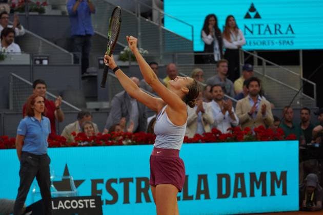 Iga Swiatek POL vs Aryna Sabalenka BY during the women s tennis final of the Mutua Madrid Open, Madrid May 06, 2023 Cordon Press
