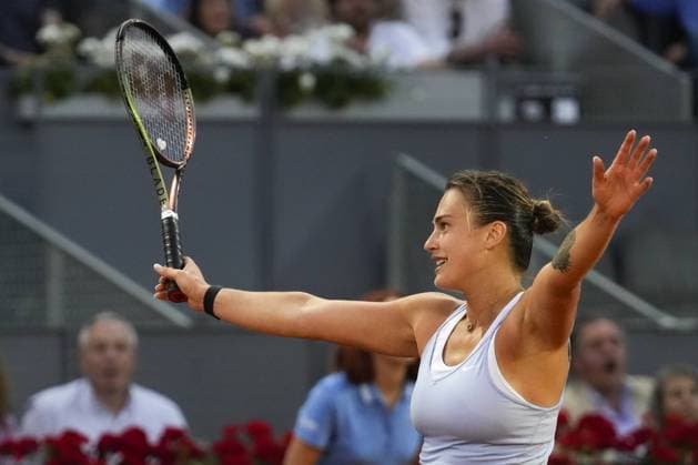 Aryna Sabalenka of Belarus celebrates winning the 2023 Mutua Madrid Open against Iga Swiatek of Poland at the Caja Magica stadium, in Madrid, Spain, on Saturday, May 6, 2023.  PDH20230506016 PaulxHanna