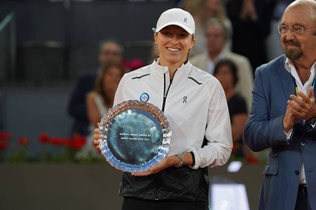 Aryna Sabalenka of Belarus holds her trophy on the podium after winning the 2023 Mutua Madrid Open against Iga Swiatek of Poland at the Caja Magica stadium, in Madrid, Spain, on Saturday, May 6, 2023 Cordon Press