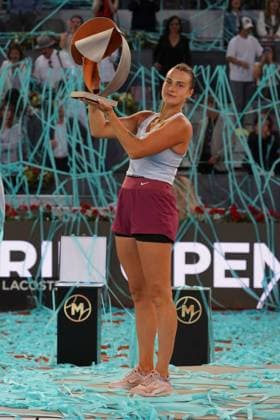 Aryna Sabalenka of Belarus holds her trophy on the podium after winning the 2023 Mutua Madrid Open against Iga Swiatek of Poland at the Caja Magica stadium, in Madrid, Spain, on Saturday, May 6, 2023 Cordon Press