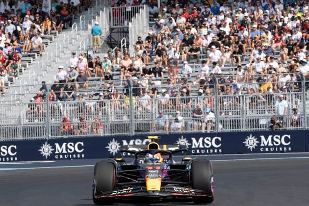 May 6, 2023, Miami, Florida, United States: SERGIO PEREZ (MEX) of Red Bull Racing 11 driving in the Qualifying Session of the Miami Grand Prix. Checo finished on pole during a chaotic end to the Q3 session that saw Charles Leclerc spin into the barriers causing a red flag ending the qualifying session early. ..Teams prepare to compete in the second running of America s second calendar F1 race, with a record breaking three Grand Prix events to be held in America this year in Miami, Austin and Las Vegas, owing to the growing popularity of the thanks to Netflix s Drive to Survive Docuseries. Aston Martin, Ferrari and others plan on trying to challenge Red Bull Oracle Racing s Max Verstappen s dominance over the 2023 season. Motorsports, open wheel racing, Liberty Media. Miami United States - ZUMAb177 20230506_zap_b177_189 Copyright: xTaidghxBarronx