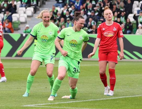 VfL Wolfsburg women vs 1 FC Cologne Wolfsburg, 07 05 2023, soccer, women, season 22 23, Flyeralarm Bundesliga, 19 matchday, VfL Wolfsburg vs 1 FC Cologne, picture shows cheering for the goal to 2 1 for Wolfsburg durh Marina Hegering VfL, 31 Wolfsburg