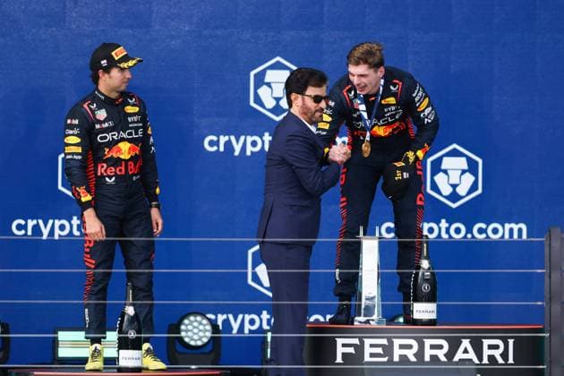 podium PEREZ Sergio (mex), Red Bull Racing RB19, BEN SULAYEM Mohammed (uae), President of the FIA, VERSTAPPEN Max (ned), Red Bull Racing RB19, portrait during the Formula 1 Crypto.com Miami Grand Prix 2023, 5th round of the 2023 Formula One World Championship, WM, Weltmeisterschaft from May 05 to 07, 2023 on the Miami International Autodrome, in Miami Gardens, Florida, United States of America - F1 - MIAMI GRAND PRIX 2023 - RACE DPPI Panoramic 00122011_AV3_4148