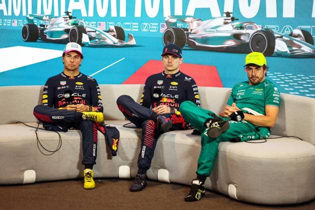PEREZ Sergio (mex), Red Bull Racing RB19, VERSTAPPEN Max (ned), Red Bull Racing RB19, ALONSO Fernando (spa), Aston Martin F1 Team AMR23, portrait during the Formula 1 Crypto.com Miami Grand Prix 2023, 5th round of the 2023 Formula One World Championship, WM, Weltmeisterschaft from May 05 to 07, 2023 on the Miami International Autodrome, in Miami Gardens, Florida, United States of America - F1 - MIAMI GRAND PRIX 2023 - RACE DPPI Panoramic 20230508_GOOD9250