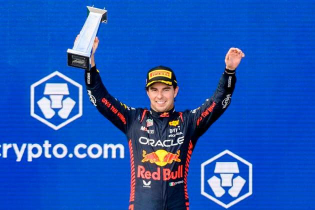 7th May 2023: Miami International Autodrome, Miami Gardens, Florida, USA: Formula 1 Crypto.com Miami Grand Prix 2023: Race Day: Oracle Red Bull Racing driver Sergio Perez celebrates as he holds the second place trophy on the podium.  ActionPlus12507208 DouglasxMurray