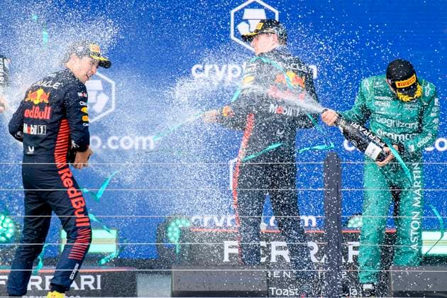 7th May 2023: Miami International Autodrome, Miami Gardens, Florida, USA: Formula 1 Crypto.com Miami Grand Prix 2023: Race Day: From left, Oracle Red Bull Racing driver Sergio Perez, Oracle Red Bull Racing driver Max Verstappen and Aston Martin Aramco Cognizant driver Fernando Alonso spray champagne as they celebrate on the podium.  ActionPlus12507214 DouglasxMurray