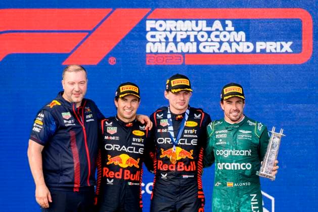 7th May 2023: Miami International Autodrome, Miami Gardens, Florida, USA: Formula 1 Crypto.com Miami Grand Prix 2023: Race Day: From right, third place finisher Aston Martin Aramco Cognizant driver Fernando Alonso, first place finisher Oracle Red Bull Racing driver Max Verstappen and second place finisher Oracle Red Bull Racing driver Sergio Perez pose on the podium.  ActionPlus12507220 DouglasxMurray