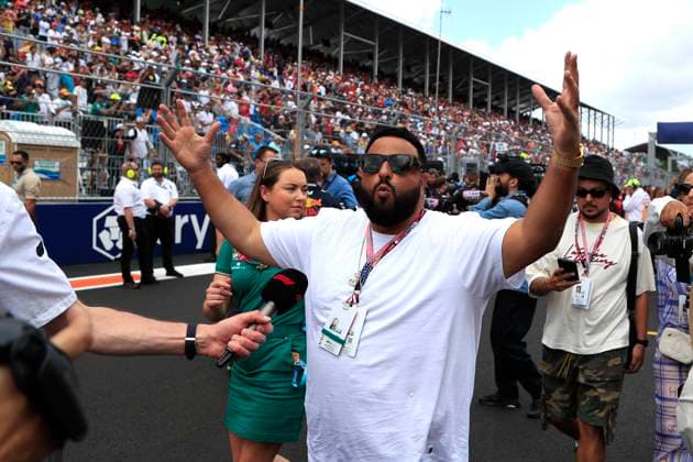 MIAMI GARDENS, FL - MAY 07: D.J. Khaled walks on the grid prior to the running of the Formula 1 Crypto.com Miami Grand Prix at Miami International Autodrome in Miami Gardens, FL. (Photo by Jeff Robinson Icon Sportswire) AUTO: MAY 07 F1 Crypto.com Miami Grand Prix EDITORIAL USE ONLY Icon23050728071