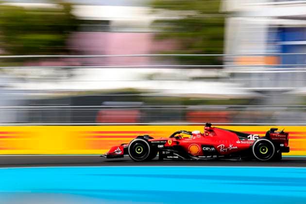 MIAMI GARDENS, FL - MAY 07: Scuderia Ferrari Racing driver Charles Leclerc 16 races into turn 4 during the running of the Formula 1 Crypto.com Miami Grand Prix at Miami International Autodrome in Miami Gardens, FL. (Photo by Jeff Robinson Icon Sportswire) AUTO: MAY 07 F1 Crypto.com Miami Grand Prix EDITORIAL USE ONLY Icon23050737861
