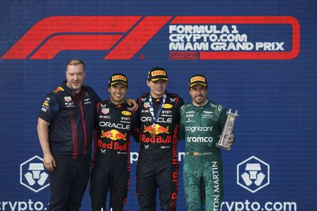 Mexican Formula One driver Sergio PÃ rez of Red Bull, Dutch Formula One driver Max Verstappen of Red Bull Racing and Spanish Formula One driver Fernando of Aston Martin pose for a photo during the podium ceremony following the Formula One Grand Prix? of Miami at the Miami International Autodrome in Miami Gardens, Florida on May 7, 2023.  MIA20230507701 GREGxNASH
