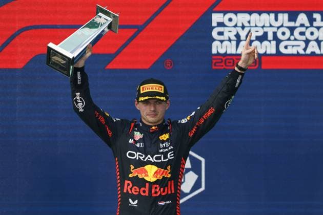 Dutch Formula One driver Max Verstappen of Red Bull Racing celebrates winning the Formula One Grand Prix? of Miami at the Miami International Autodrome in Miami Gardens, Florida on May 7, 2023.  MIA20230507711 GREGxNASH
