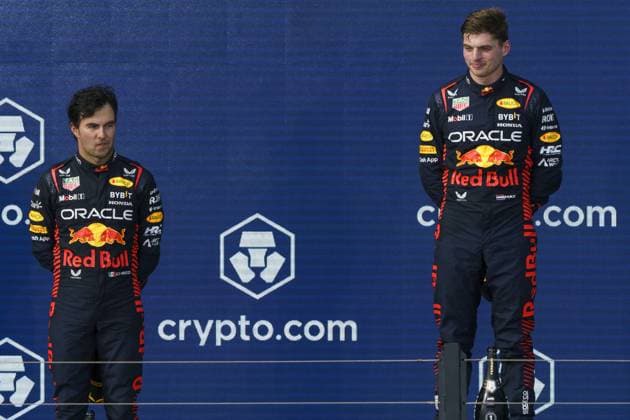 Mexican Formula One driver Sergio PÃ rez of Red Bull Racing and Dutch Formula One driver Max Verstappen of Red Bull Racing are seen during the podium ceremony after the Formula One Grand Prix? of Miami at the Miami International Autodrome in Miami Gardens, Florida on May 7, 2023.  MIA20230507712 GREGxNASH