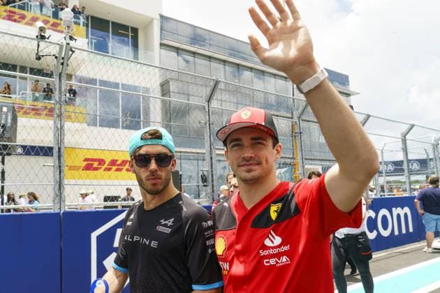French Formula One driver Pierre Gasly of Alpine F1 Team and Monaco s Formula One driver Charles Leclerc of Scuderia Ferrari arrive for the drivers parade during the Formula One Grand Prix? of Miami at the Miami International Autodrome in Miami Gardens, Florida on May 7, 2023.  MIA20230507756 GREGxNASH
