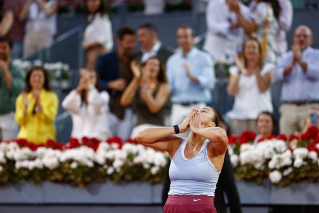 May 7, 2023, MADRID, MADRID, SPAIN: Aryna Sabalenka of Belarus celebrates after winning against Iga Swiatek of Poland during the Singles Final Women match during Mutua Madrid Open 2023 celebrated at Caja Magica on May 06, 2023 in Madrid, Spain. MADRID SPAIN - ZUMAa181 20230507_zaa_a181_050 Copyright: xOscarxJ.xBarrosox