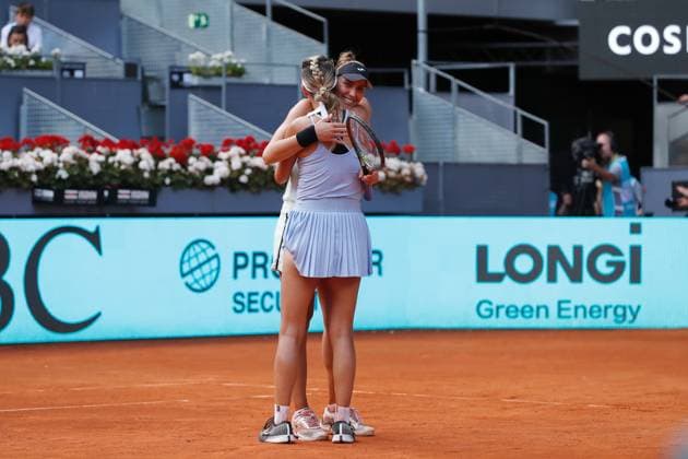 (L-R) Victoria Azarenka (BLR), Beatriz Haddad Maia (BRA), , MAY 7, 2023 - Tennis : Haddad Maia and Azarenka celebrate after winning doubles final match against Coco Gauff and Jessica Pegula on the WTA, Tennis Damen 1000 tournaments Mutua Madrid Open tennis tournament at the Caja Magica in Madrid, Spain. Noxthirdxpartyxsales  (217897309)