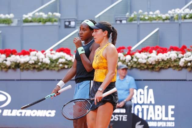 (L-R) Coco Gauff, Jessica Pegula (USA), MAY 7, 2023 - Tennis : Gauff and Pegula during doubles final match against Victoria Azarenka and Beatriz Haddad Maia on the WTA, Tennis Damen 1000 tournaments Mutua Madrid Open tennis tournament at the Caja Magica in Madrid, Spain. Noxthirdxpartyxsales  (217897330)